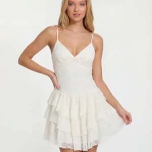 White Lace Ruffle Mini Dress
