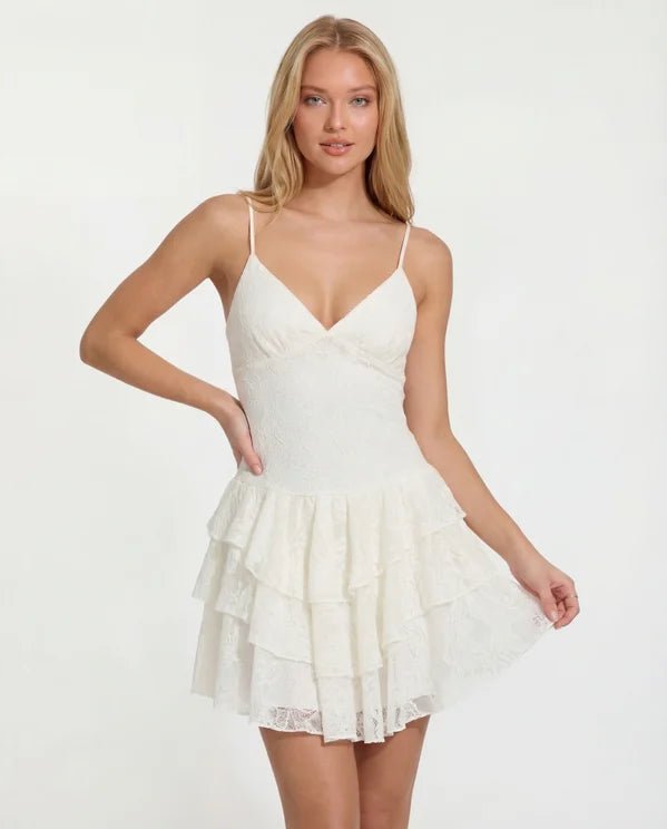 White Lace Ruffle Mini Dress