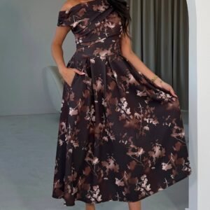Betty Asymmetric Neckline Brown/Floral Midi Dress