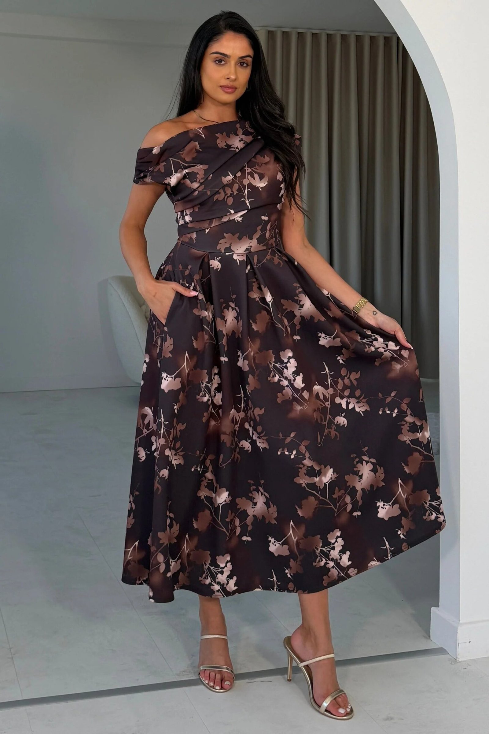 Betty Asymmetric Neckline Brown/Floral Midi Dress