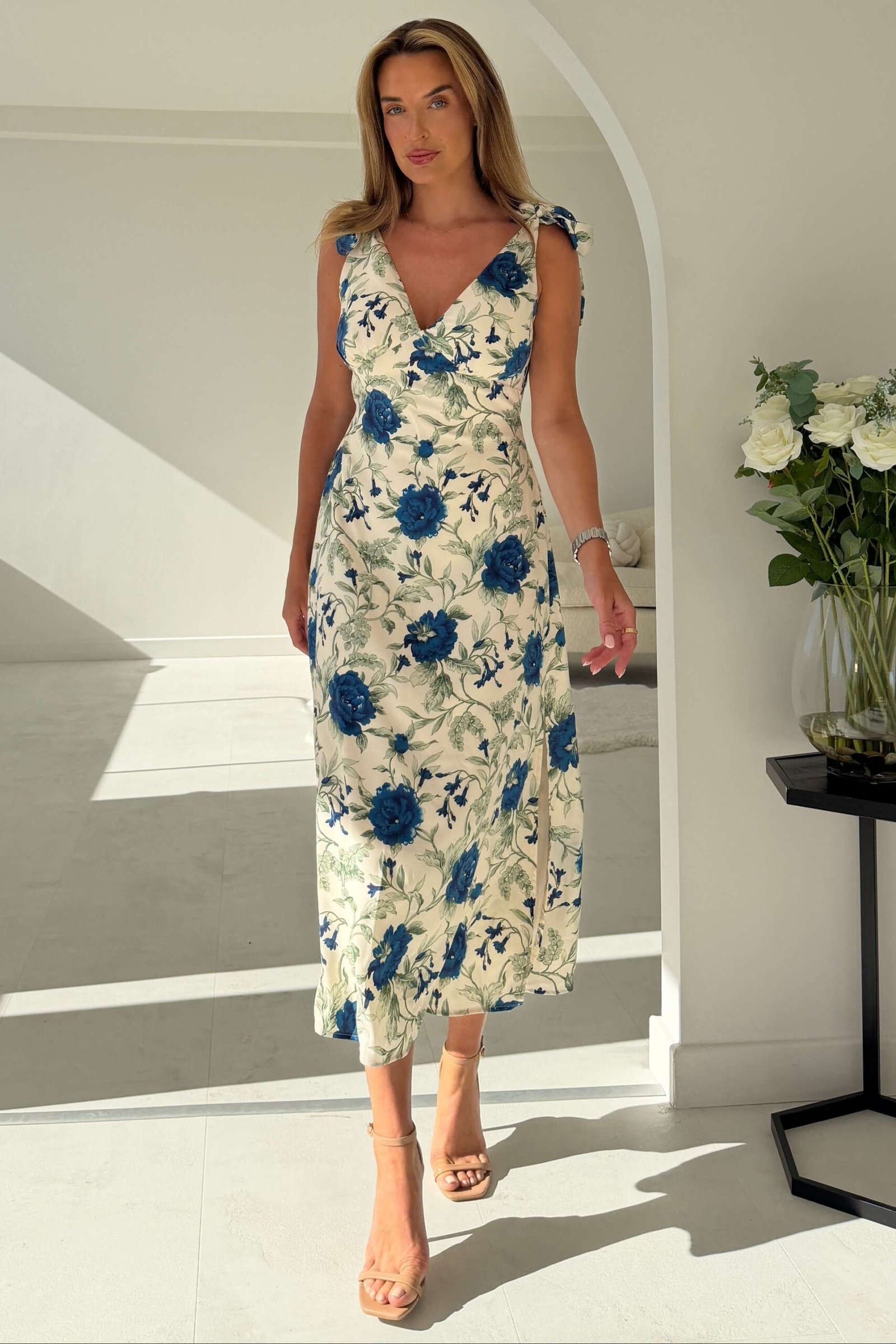 Beverly Floral Tie Shoulder White Midi Dress
