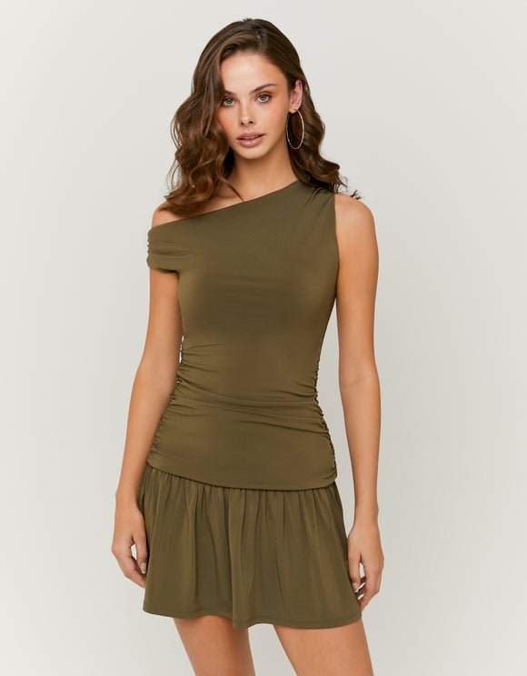 Khaki Asymmetric Ruched Mini Dress
