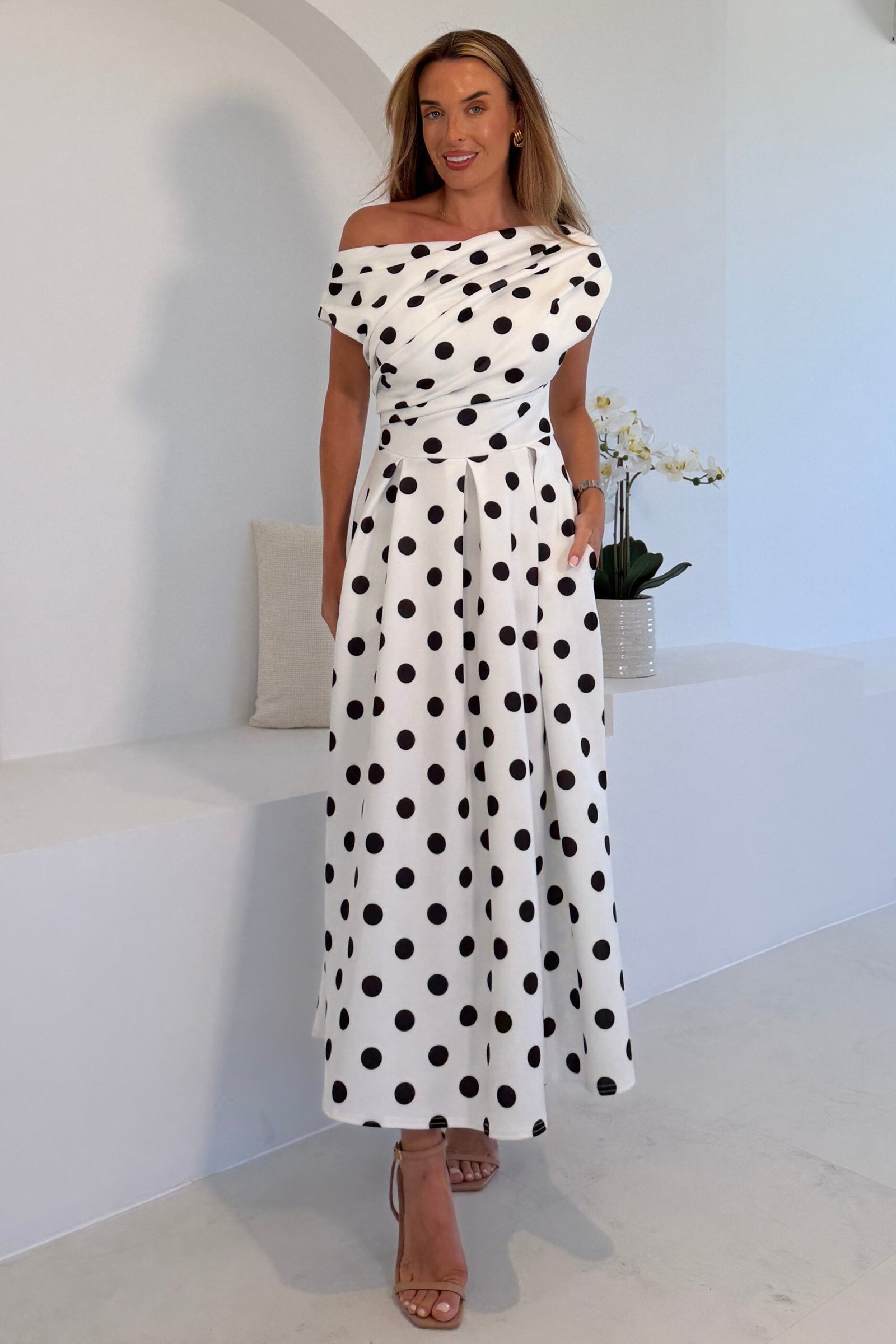 Betty Asymmetric Neckline Polka Midi Dress
