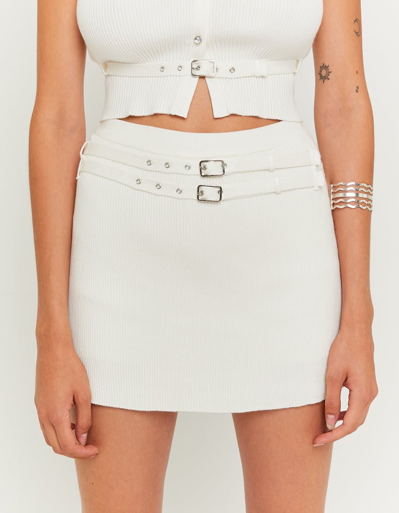 White Knitted Skort With Double Belt