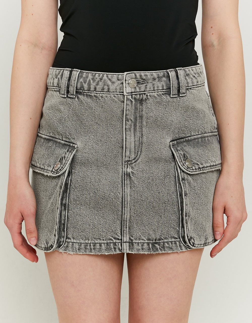 Grey Denim Skirt With Cargo Pockets