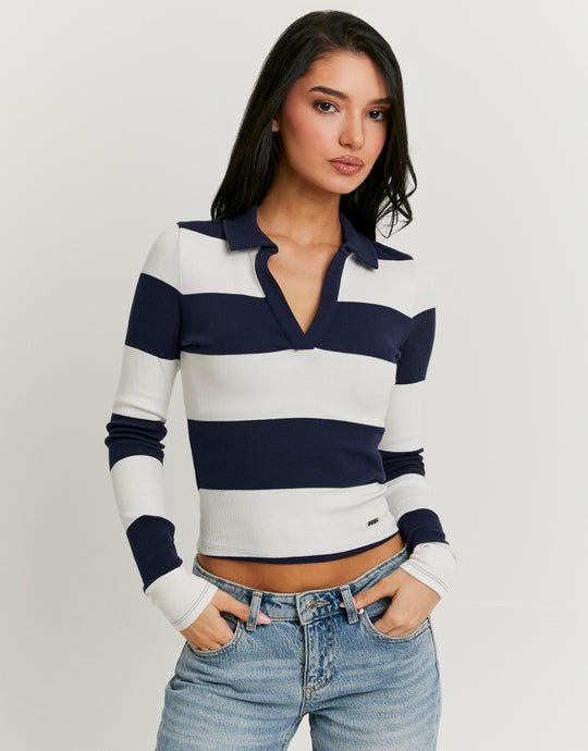 White / Navy T-Shirt With Long Sleeves